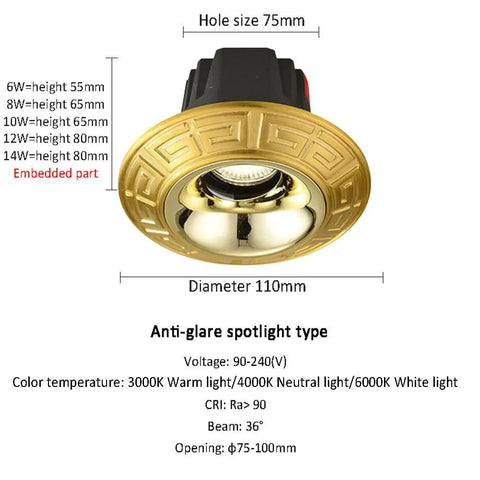 Built Tough 4.3 Inch Adjustable Eyeball Led Recessed Downlight Featuring Solid Brass Housing And Anti Rust Die Cast Baffle Trim For Cool Running Home Fixtures, gold trim design.