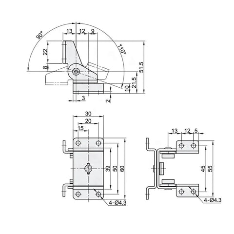 Technical diagram of Stainless Steel Dual Axis Torque Hinge With 360 Degree Rotation And Stop At Any Time, Model DP006 SS.