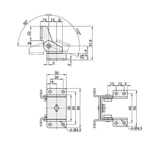 Stainless Steel Dual Axis Torque Hinge Rotates Full 360 Degrees And Stops Anywhere With Constant Damping Shaft technical drawing with dimensions.