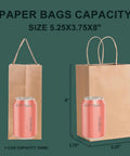 Brown Kraft Gift Bags With Handles 5.25 By 3.75 By 8 Inch Heavy Duty 100G Bulk Pack for small bags shown with soda can for scale.