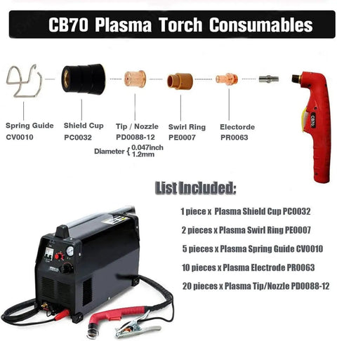 CB70 Plasma Electrode Tip Kit with electrodes, nozzles, diffusors, and torch for Eastwood Versa Cut 60 Amp Torch PKG38.