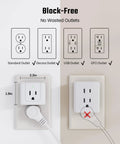 Diagram of Five Way Wall Outlet Extender With 90 Degree Angled Side Plugs, showing compatibility and block-free design features.