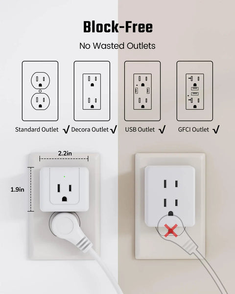 Diagram of Five Way Wall Outlet Extender With 90 Degree Angled Side Plugs, showing compatibility and block-free design features.