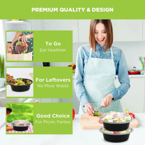 Woman preparing salad with Meal Prep Containers With Lids 50 Pack 32 Ounce Round To Go Food Storage Bowls BPA Free