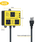 Ortis Automatic Vacuum Switch with Extra Outlet, yellow control box with two 120V outlets and an 18.1 in cord (front view).