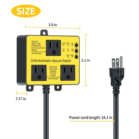 Ortis Automatic Vacuum Switch with Extra Outlet, yellow control box with two 120V outlets and an 18.1 in cord (front view).