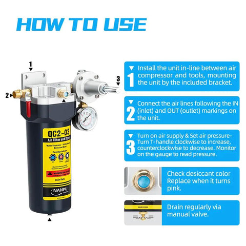 Instruction guide for 3/8 NPT Desiccant Air Dryer With Regulator And Gauge Inline Moisture Filter showing setup and maintenance steps.