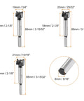Heavy Duty Rock Solid 3 Piece Forstner Drill Bit Set Featuring Sharp Tungsten Carbide Tips For Clean Wood Drilling And Precision Hole Cutting 3 4 25 32 13 16 Inches And 5 16 Shank, displaying detailed sizes and shank tips.