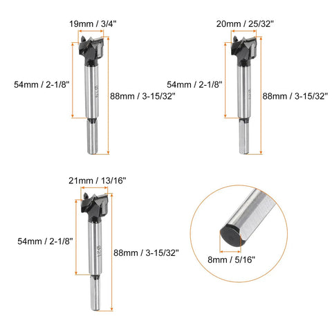 Heavy Duty Rock Solid 3 Piece Forstner Drill Bit Set Featuring Sharp Tungsten Carbide Tips For Clean Wood Drilling And Precision Hole Cutting 3 4 25 32 13 16 Inches And 5 16 Shank, displaying detailed sizes and shank tips.