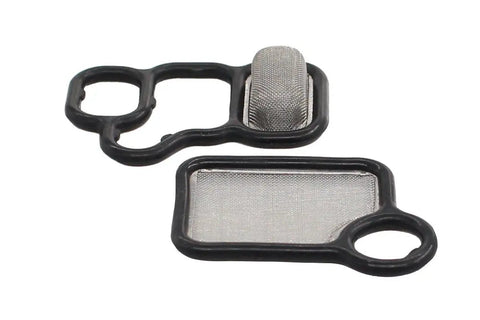 VTEC Variable Timing Solenoid Gasket And Spool Valve Filter Kit For Acura And Honda Engines Including RDX RSX TSX Accord CRV Fit Element VTC Screen Replacement With Valve To Head And Front Of Head Setup, showing mesh filters and gaskets.