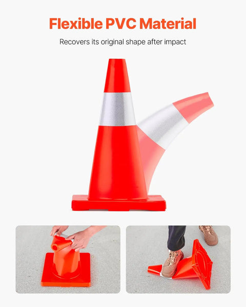 Six Pack 28 Inch Orange Traffic Cones With Reflective Collar Heavy Duty PVC demonstrated being flexible after impact