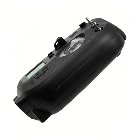 Side view of FS-ST8 8-10CH 2.4GHz RC Transmitter With FS-SR8 Receiver, ergonomic design, carbon-fiber body, for RC hobbyists.