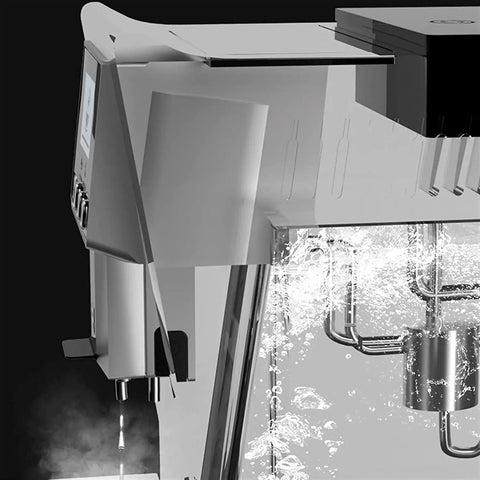 Side view of fully automatic coffee machine with built-in burr grinder and grind and brew system, 1200W power, in black.