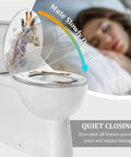 Elongated Toilet Seat for Bathroom with slow-closing feature and colorful giraffe design, shown on white toilet.