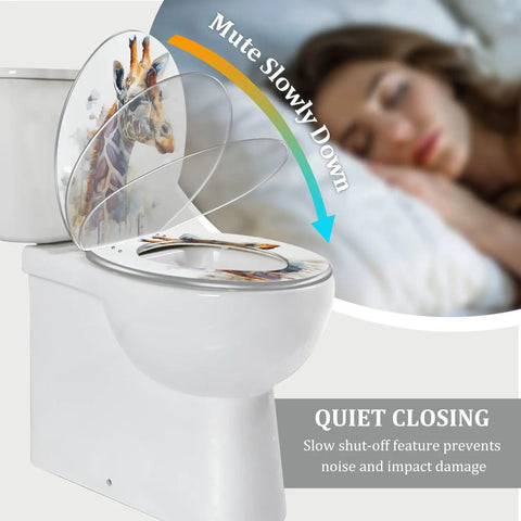 Elongated Toilet Seat for Bathroom with slow-closing feature and colorful giraffe design, shown on white toilet.