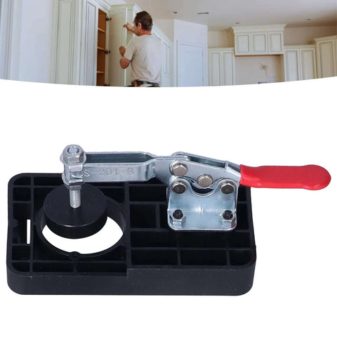 35mm/1.4in hinge boring jig kit with red-handled clamp on black base for hinge hole drilling