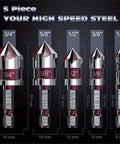 Pro Grade Countersink Drill Bit Set M35 5 Flute HSS 82 Degree Hex Shank 1/4 To 3/4 Inch For Wood And Metal, Stainless Finish