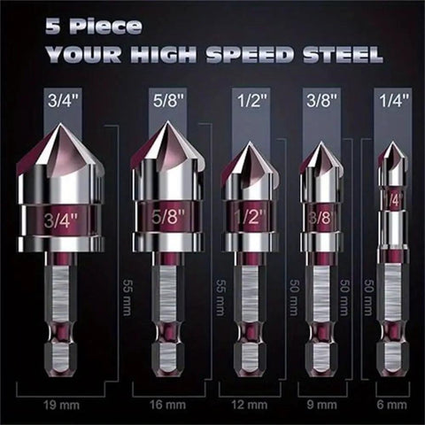 Pro Grade Countersink Drill Bit Set M35 5 Flute HSS 82 Degree Hex Shank 1/4 To 3/4 Inch For Wood And Metal, Stainless Finish
