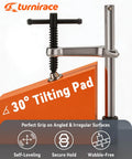 Clamp with 30-degree tilting pad for angled surfaces, highlighting self-leveling, secure hold, and wobble-free features.