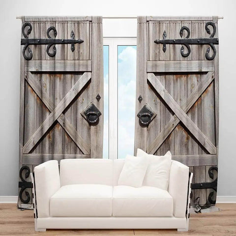 Western Vintage Barn Door Curtain Set 82x84 Inches Brown Wooden Dope Look Polyester Drapes 2 Panels For Bedroom Rustic Decor