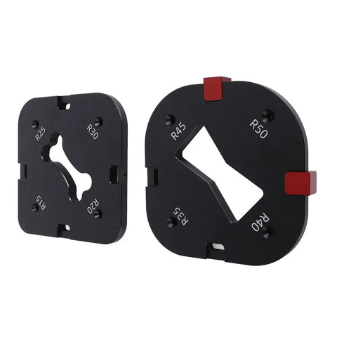 Kickass Woodworking Radius Template Set With Durable Aluminum Router Guide And Quick Release Bases two router bases with R25 to R50 curves