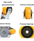 Heavy Duty Swivel Caster Wheels With Top Plate And Brake For Furniture And Workbenches, Quiet Polyurethane Wheels For Carts, Garage And Shop, Galvanized Bracket, Indoor Outdoor Use, Smooth Roll, Durable Build showing galvanized frame, flat top, polyurethane and bearings