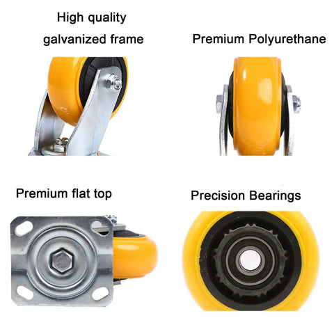 Heavy Duty Swivel Caster Wheels With Top Plate And Brake For Furniture And Workbenches, Quiet Polyurethane Wheels For Carts, Garage And Shop, Galvanized Bracket, Indoor Outdoor Use, Smooth Roll, Durable Build showing galvanized frame, flat top, polyurethane and bearings