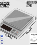 Digital Kitchen Scale With 0.1g Precision And Seven Unit Conversions In G Gn Ct Ml Fl Oz Oz Lb Auto Off After 180 Seconds Tare Function Easy Read LCD Display Great For Cooking Baking Coffee And Food Prep, showing size dimensions.