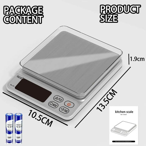 Digital Kitchen Scale With 0.1g Precision And Seven Unit Conversions In G Gn Ct Ml Fl Oz Oz Lb Auto Off After 180 Seconds Tare Function Easy Read LCD Display Great For Cooking Baking Coffee And Food Prep, showing size dimensions.