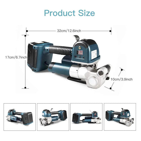 Heavy Duty Electric Strapping Machine With Hot Melt Welding And Adjustable Tension For Half To Three Quarter Inch Pp Pet Straps, showing product dimensions.