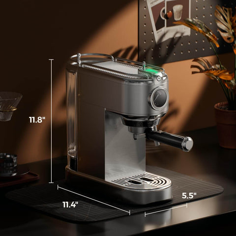 Front view of 20 Bar Espresso Machine With Steam Wand, Compact Stainless Steel Coffee Maker For Lattes And Cappuccinos, Fast Heating 1450W, Barista-Grade Home Brewer For Cafe Quality Crema