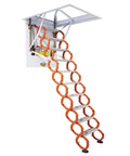 Legit Heavy Duty Electric Attic Stairs Smooth Operator Telescopic Ladder Hella Sturdy Carbon Steel Folding Ceiling Access No Sweat Setup Indoor Outdoor Orange Frame 80By120Cm with extended steps visible.
