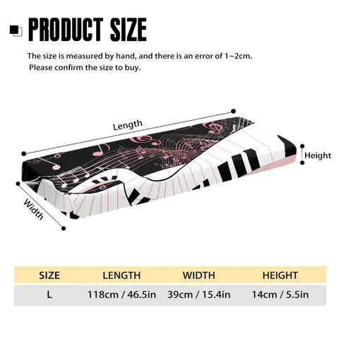 Product size diagram for Pink Musical Notes Keyboard Dust Cover With Elastic Band Breathable Stretch Cloth Fits Full Keyboard For Digital Electric Pianos Protects From Dust Dirt And Spills.