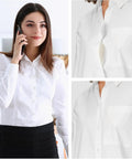Woman in a white shirt demonstrating Clear Snap Buttons Set 100 Packs Four Sizes for invisible easy closure on collar and pocket.