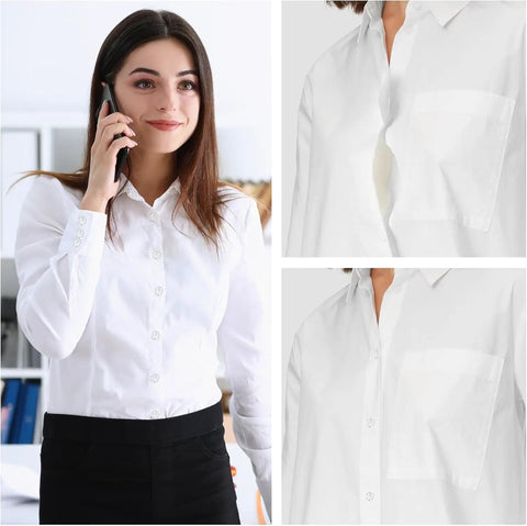 Woman in a white shirt demonstrating Clear Snap Buttons Set 100 Packs Four Sizes for invisible easy closure on collar and pocket.