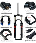 26 Inch Mountain Bike Front Suspension Fork Ride-Ready 100mm Travel, Mechanical Lockout, 9mm Quick Release, Multiple Features Displayed