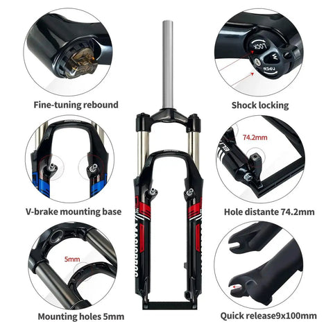 26 Inch Mountain Bike Front Suspension Fork Ride-Ready 100mm Travel, Mechanical Lockout, 9mm Quick Release, Multiple Features Displayed