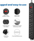 Heavy Duty Power Strip With 20 Amp Surge Protector 1200J, Wall Mountable 6-outlet design, 12 gauge cord, and screws visible