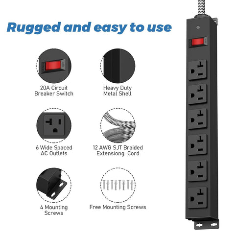 Heavy Duty Power Strip With 20 Amp Surge Protector 1200J, Wall Mountable 6-outlet design, 12 gauge cord, and screws visible