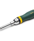 19 In 1 Multipurpose Ratcheting Screwdriver Set With 8 Double Sided Bits And Green And Yellow Oil Resistant Handle Perfect For Home Repairs DIY Projects Electronics And Auto Maintenance Quick Turn Torque Tool Kit