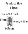 Product dimensions of 12 Pcs M3 X 6mm Slotted Cylindrical Pin 304 Stainless Steel External Thread Dowel Pin shown with measurements.