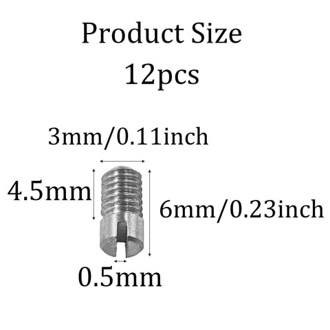 Product dimensions of 12 Pcs M3 X 6mm Slotted Cylindrical Pin 304 Stainless Steel External Thread Dowel Pin shown with measurements.