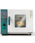 Front view of Beefy Pro Grade Lab Convection Oven 1000W 110V Temperature Range 10 to 300 C Thermostatic Control Adjustable Fan Speed Cold Plated Stainless Exterior Safe Air Drying Oven for Scientific Labs with drying samples inside