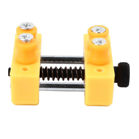 Mini Table Vise Clamp Drill Press Jig for Small Projects, Micro Wood Carving Vice, compact yellow with screws.