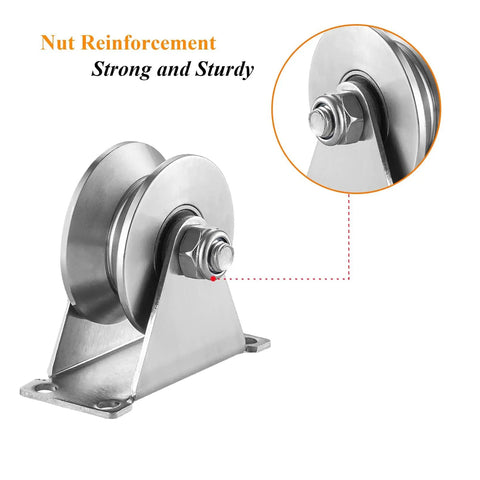 Heavy Duty Stainless Steel V Groove Gate Track Roller For Sliding Gates With Double Bearing Wheels Set Of 2, side view, solid bracket