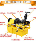 Detailed view of Heavy Duty 220 Volt Electric Pipe Threader Machine showing parts like die head, cutting knife, and waterproof switch.