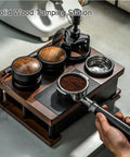 Heavy Hitter Double Tier Solid Wood Espresso Tamping Station With Combo Knock Box Premium Handcrafted Coffee Bar Organizer Kit, top view with tamper tools and portafilter.