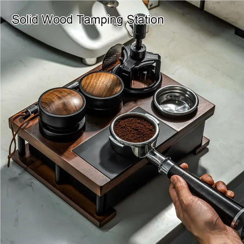 Heavy Hitter Double Tier Solid Wood Espresso Tamping Station With Combo Knock Box Premium Handcrafted Coffee Bar Organizer Kit, top view with tamper tools and portafilter.