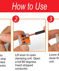 Instructions for Lever Nuts 221 61x 10 AWG Wire Connector Assortment Kit showing three steps of wire connection process