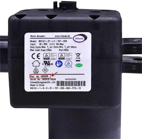 Heavy Duty Recliner Motor Replacement 450626 MD141-27-L1-157-333 Actuator label showing specifications and model number.